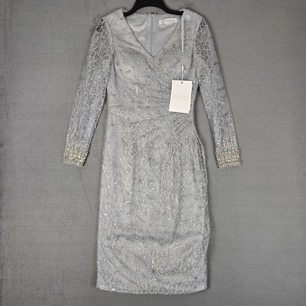 Mac Duggal‎ Dress Womens 2 Gray Embellished Illusion Long Sleeve Midi NWT